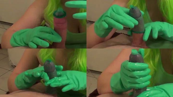 Green condom and green gloves closeup handjob