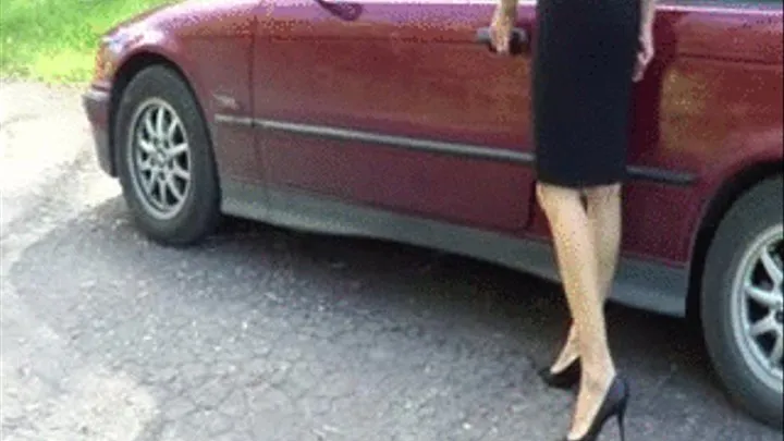 She Turns on her boss touching herself with her stiletto shoe while REVVING her BMW hard