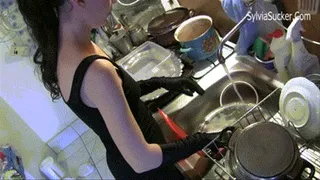 Washing the Dishes. Gorgeous Sylvia Chrystall's Washing the Dishes in Her Long Black Satin Gloves