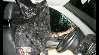 Black veiled Witches driving nightly with sexy close micro-miniskirt, nude tights and extreme sharp black glossy high retro-heels through the stormy thundery darkness (Night- ) 3