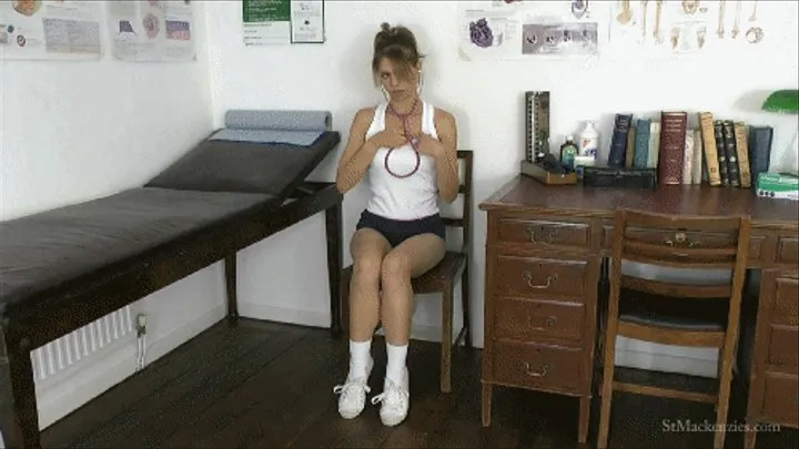 Geeky School Girl Amy Plays with a Stethoscope as She Slips Off Her Gym Kit