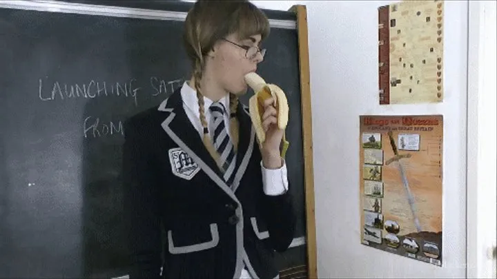 Nerdy School Girl Melissa Feels Self Conscious While Eating a Large Banana