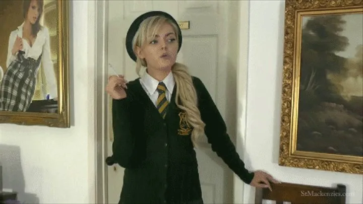 Pretty School Girl Lacey Smokes a Vogue While Slipping Off a Rival Uniform & Lingerie