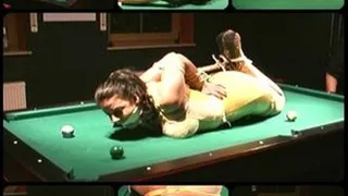 Tight chicken wing hogtie on a pool table