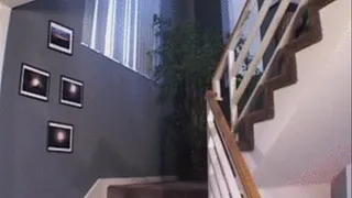 Brunette slut in panthose fucks on a stairs