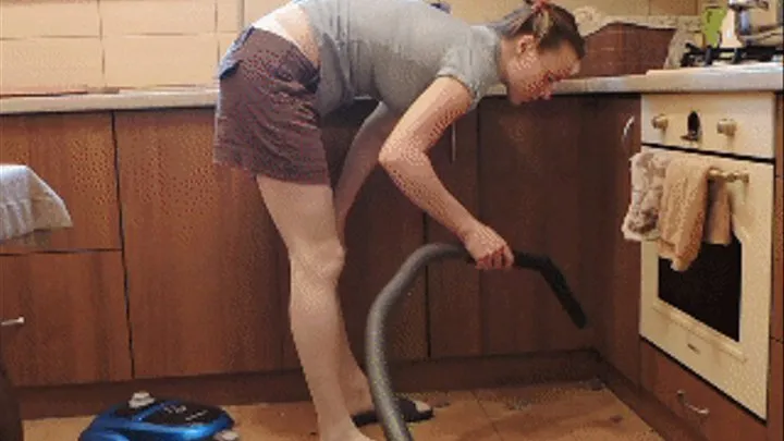 Vacuuming my kitchen and myself in white pantyhose and open toe slippers