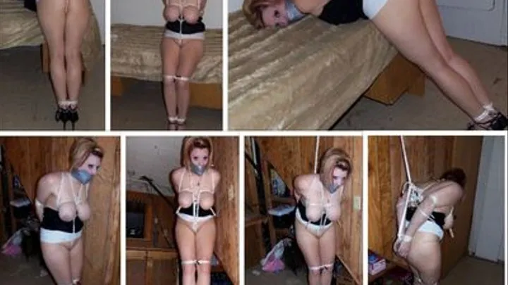 Left on her tiptoes in tightbondage and a huge gag