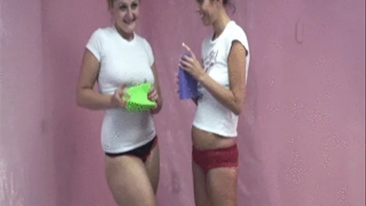 Lesbian brunettes having fun with lather