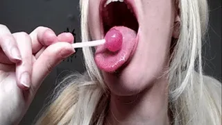 spitty tongue and stunning soft pink lips on pink lollipop