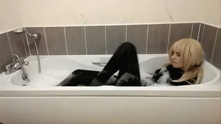 bubble bath fully dressed in dark clothes