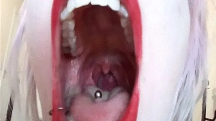 mouth open big for uvula show off with sexy red lips and dirty tongue