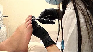 medical pedicure for a naked hairy man and toe foot