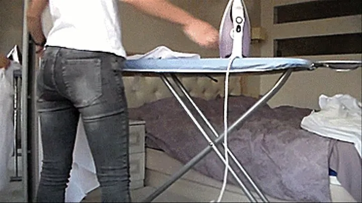 sit on the ironing board and pose on the ironing board