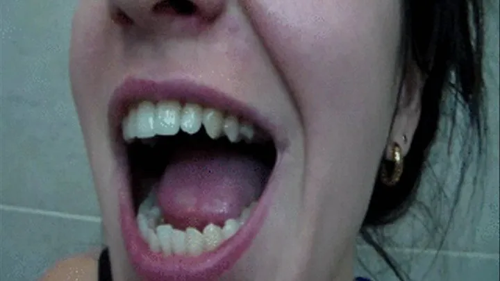 sharp fangs / teeth miss love, brunette in ecstasy, all natural, examination of the whole pharynx, upper part of teeth, 28 teeth counted, tongue pink, tongue, red, sharp fangs, **