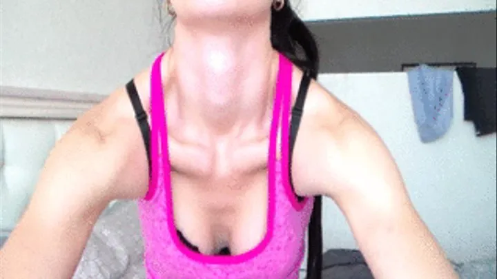 show arm muscles, biceps, competition with someone ?? no, she's on camera, show bulging sexy hard muscles, like inflatable, visible veins, neck muscles, thick neck, Adam's apple