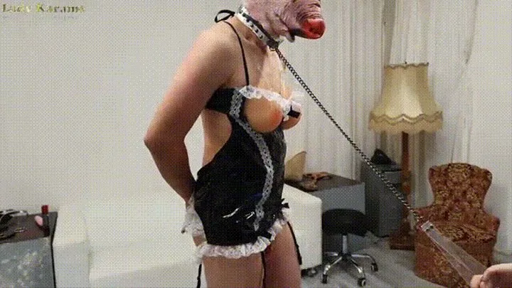 Maid pig must give my strap on a blowjob