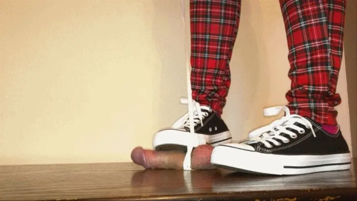 Cock box trampling by black Converse with cock on doggy lead