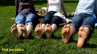 3 anonymous women of 30 years old about, unveil their female feet in a park (Veronique, Claire & Melissa) #