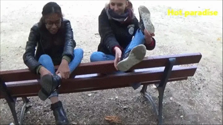 Strip tease of feet - 2 young female students in a park (Jadeline & Lorine)