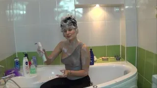 Hair wash in leotard and spandex leggings