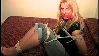 TAG Shyla 8- Thick Red Cleave Gag, Tied Up In Tight Jeans, Hopping Around, Toes Tied, Bare Feet