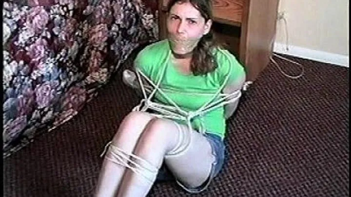 TAG Ashley 3- Mouth Packed, Tape Gag Wrapped Around Head, Jean Short-Shorts, Tied Up, Bound Toes, Bare Feet