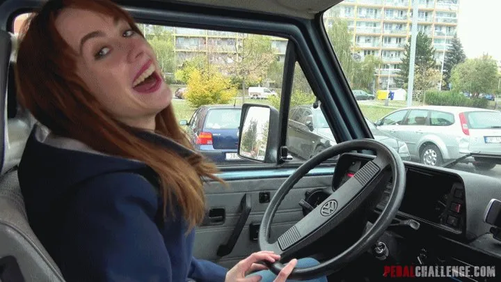 Pedal Challenge - Karolina driving and revving engine of an old VAN