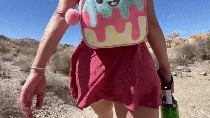 Upskirt teen hiking outdoors on field trip