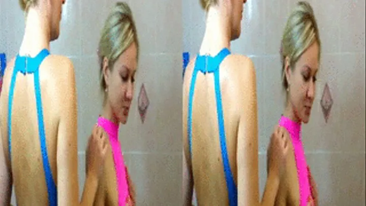 3D - 2 blondes in swimsuits taking a shower