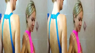 3D - 2 blondes in swimsuits taking a shower