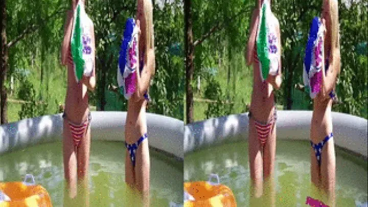 3D - 2 Girls blowing up beachballs in a pool outdoors