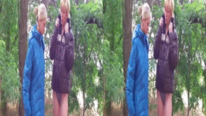 3D- 2 blondes cutting jackets outdoors