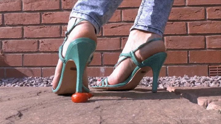 Squashing Small Tomatoes with My Sexy Green Strappy High Heels