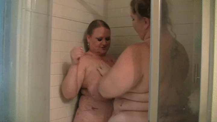 BBW Platinum Puzzy and Sienna Hills take a shower to get the chocolate syrup off her tits ass and big belly