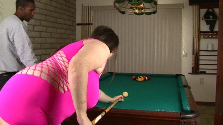 BBW is playing pool with thin black man and he fucks her and gets his big black cock sucked