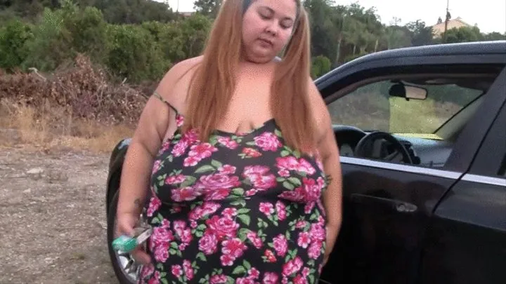 BBW Lola Love Bug is outdoors naked smoking on a car and then licking a lollipop in pigtails