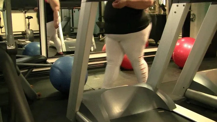 BBW Juicy Jazmynne is working up a sweat in the gym using the treadmill, weights and bouncing on the balls