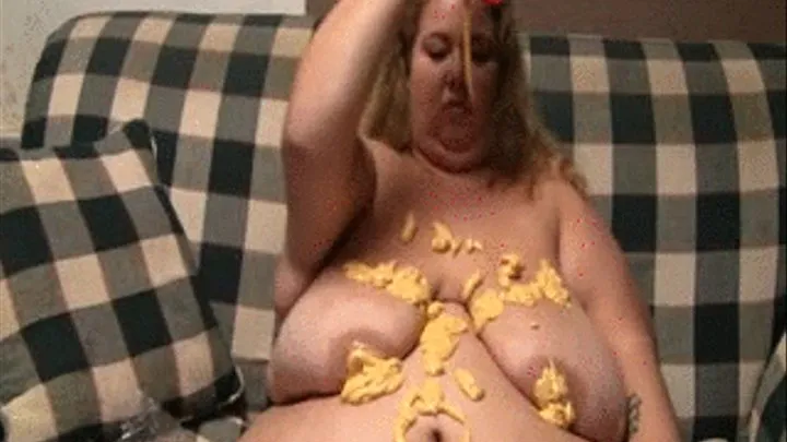 BBW Lola Love Bug is eating cheese and crackers and it is all over her big tits and belly