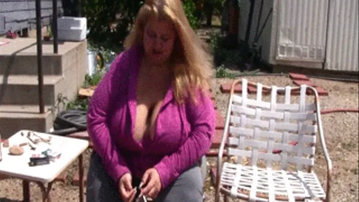 BBW Lola LoveBug is sitting outside smoking wearing purple jacket and is enjoying a cigarette. After her smoke watch her walking to the mailbox