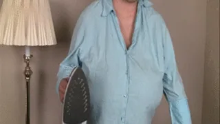 BBW Latina is ironing her jeans and she is getting hot so she unbuttons her shirt exposing her giant tits