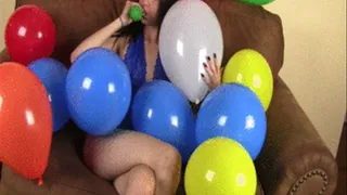 Six Foot skinny amazon chick blowing up and popping balloon and crushing them in her boots.