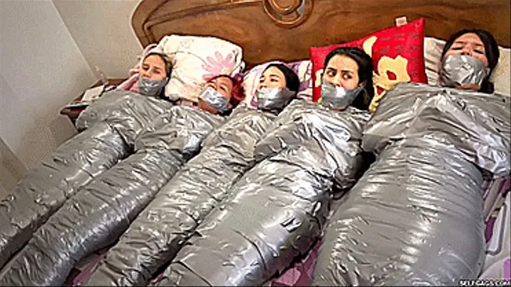 Trapped In Mummy Mansion: 5 Mummified Girls Struggle All Wrapped Up And Gagged!