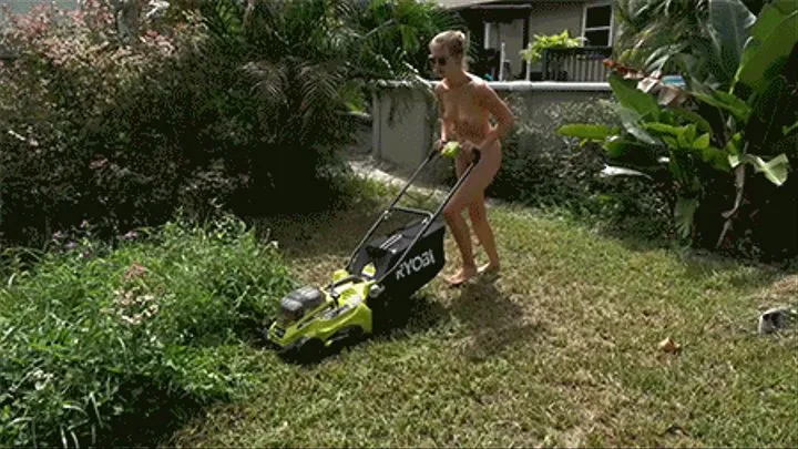 Vika mows her yard completely naked and sweaty