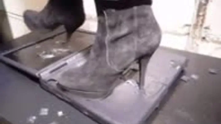 Merciless laptop destruction in high heels boots