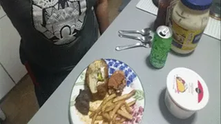 Steak, potato, burger, and fries for breakfast