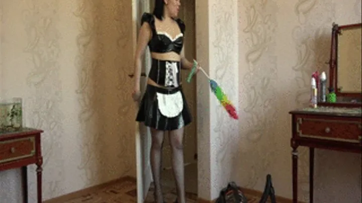 Maid vacuum cleaner and masturbates her pussy