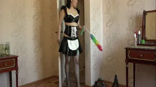 Maid vacuum cleaner and masturbates her pussy