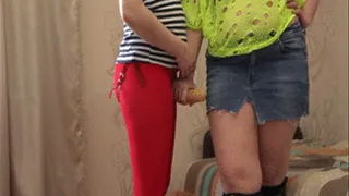 A girl in red pantyhose fucks his fat girlfriend with a strapon