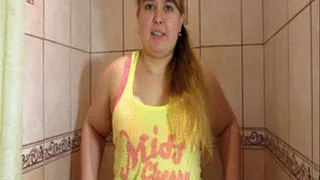 thick beautiful Russian girl by a pussy hairy, pissing in a cup