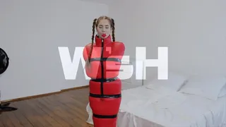 Mary in Red Sack with Black Tapes